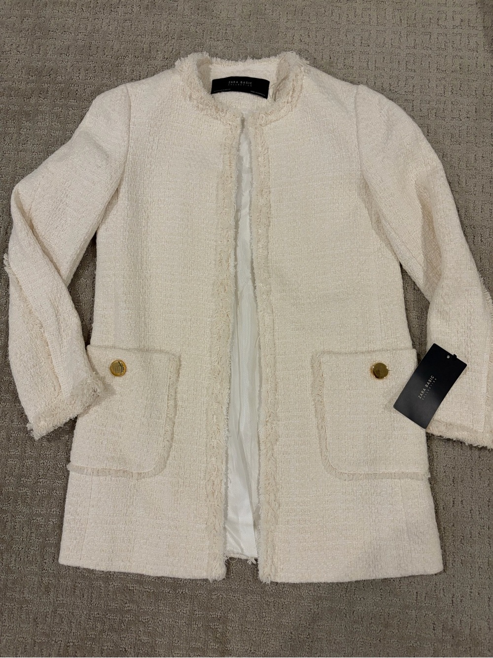 Zara Cream Tweed Long Blazer with Gold Buttons